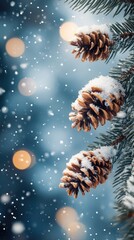 Poster - Pine cones covered with snow hanging on a fir branch during a snowfall with bokeh effect