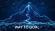 © Synaf official - Abstract mountain with a path to the top. Way to goal in digital futuristic style on a blue technology background. Vector illustration of success achievement concept. Low Poly wireframe flag