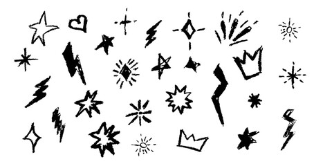 Poster - Crayon firecracker stars heart and crown in black color. BW collection of rock n roll design elements. Grunge texture punk and grafitty symbols. Cartoon charcoal handdrawn icons. Vector illustration.