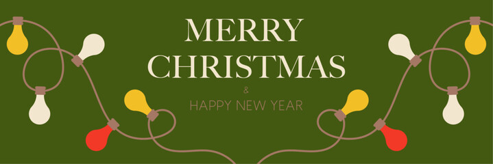 Aufkleber - Christmas card with Christmas lights in white, red and yellow colors on green background. Happy new year banner. Vector illustration
