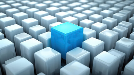 Poster - blue cube standing out among white blocks symbolizing uniqueness and individuality
