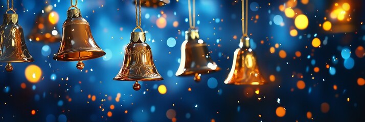 Wall Mural - Magical bokeh frames the golden Christmas bells on a new year backdrop, providing generous space for copy and ideal for winter holiday decorations or greeting cards.