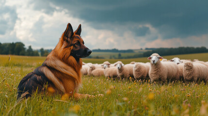 a loyal german shepherd pet sitting in a meadow on the farm, watching over the flock of sheep, obedi