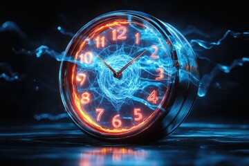 Poster - Stunning digital clock with electric blue and orange lighting illustrating time in a dynamic and captivating manner. Generative AI