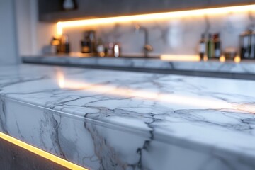 Poster - Elegant marble countertop illuminated by soft kitchen lighting enhances modern interior design. Generative AI