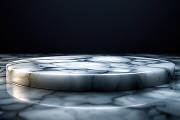 Poster - Marble pedestal illuminated by soft lighting on a dark background, showcasing elegant textures and reflections. Generative AI