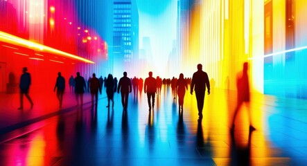 urban cityscape, silhouettes of people walking, vibrant colorful background, neon lights, futuristic city, reflective surfaces, motion blur, dynamic composition, crowded street scene, high contrast, c