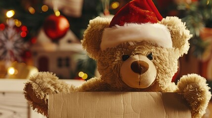 Wall Mural - A teddy bear wearing a Christmas hat