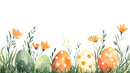 Poster - Festive spring scene with colorful easter eggs, grass, and orange flowers in a watercolor painting