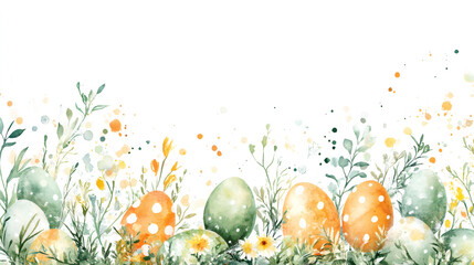 Poster - Vibrant easter eggs surrounded by delicate spring blossoms create a joyful frame on a white backdrop
