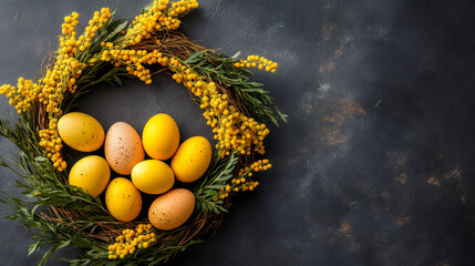 Poster - Easter wreath with painted eggs and mimosa flowers resting on a dark textured background with copy space