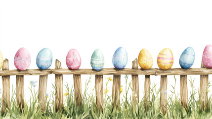 Poster - Watercolor painting of colorful easter eggs balanced on a wooden fence with green grass and wildflowers, creating a festive spring scene