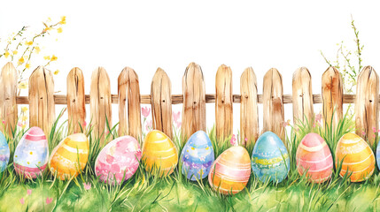 Poster - Vibrant easter eggs in grass next to a weathered fence, captured in a lively watercolor painting