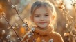 © progressman - A young girl is smiling and wearing a yellow sweater in a field of flowers. Concept of warmth and happiness