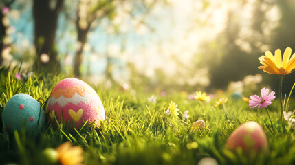 Poster - Colorful easter eggs hidden in the sunny spring grass, bringing festive cheer to the holiday celebration