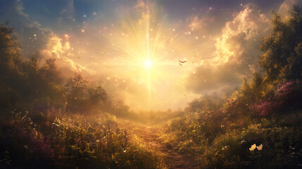 Poster - Magical sunrise illuminating path through blooming meadow and forest with glowing sparkles and birds flying
