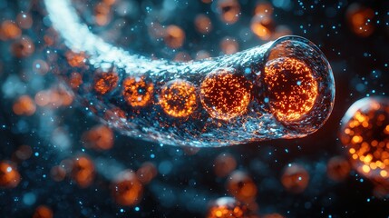 Poster - A close-up view of glowing particles within a fluid-like structure, suggesting scientific exploration.