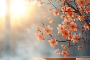 Wall Mural - Cherry blossoms bloom beautifully in soft sunlight during spring, creating a serene atmosphere