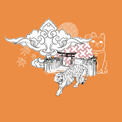 Wall Mural - tiger neko cat temple gate clouds ornate collage  japanese chinese vector design background elements