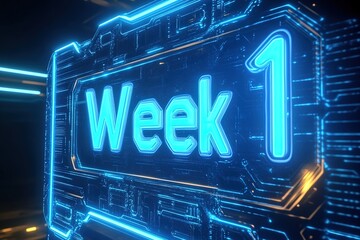 Poster - Neon blue digital display indicating start of Week 1, glowing