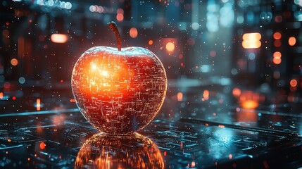 Poster - Futuristic Glowing Apple with Digital Circuit Patterns in Dark Space