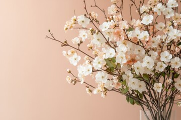 Canvas Print - Beautiful bouquet of delicate flowers arranged in a vase against a soft peach backdrop showcasing spring's charm