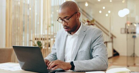 Poster - Finance, laptop and typing with business black man in office for accounting, reporting or tax. Computer, financial or wealth management and employee person with glasses in workplace for bookkeeping
