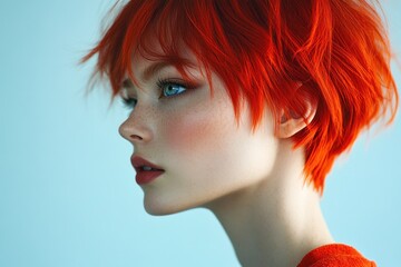 Poster - Striking portrait of a model with vibrant red hair showcasing unique fashion and bold beauty. Generative AI