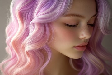 Poster - Portrait of a young girl with pastel purple and pink wavy hair showcasing a soft, serene expression in natural light. Generative AI