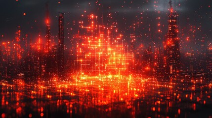 Poster - A digital landscape with glowing red particles and structures, evoking a futuristic atmosphere.