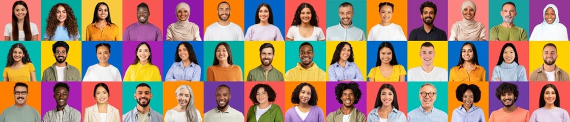 Poster - A colorful collection of happy faces representing various cultures. This mosaic highlights the joy of unity and diversity among people from around the world.