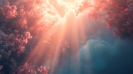 Poster - Golden sunbeams illuminate pink blossoming trees and clouds in a beautiful easter sunrise scene