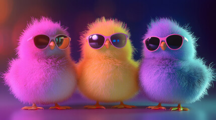 Poster - Three adorable chicks in shades, having a bright and festive easter under colorful lights