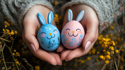 Poster - Hands of a woman holding two easter eggs decorated as happy bunnies, with a backdrop of yellow flowers