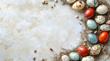 Poster - Colorful easter eggs and natural straw nest on a textured background creating a frame with copy space