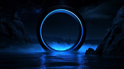 Wall Mural - Glowing blue ring portal in dark, misty landscape.