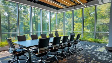 Poster - Large windows surround a modern meeting room, filled with natural light and offering a view of lush greenery, creating a calm and productive environment