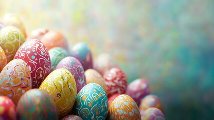 Poster - Pyramid of vibrant hand-painted easter eggs creates a festive display against a blurred background