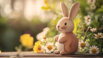 Poster - Wooden easter bunny standing on a table in a garden full of spring flowers, celebrating easter and the arrival of spring