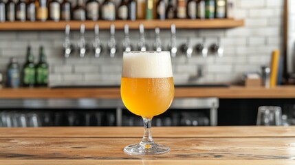 Poster - Refreshing Beer in a Stylish Glass on a Rustic Wooden Bar