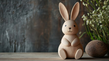 Poster - Wooden easter bunny perched on a rustic table with a wooden egg and blossoms in the background, marking the arrival of spring