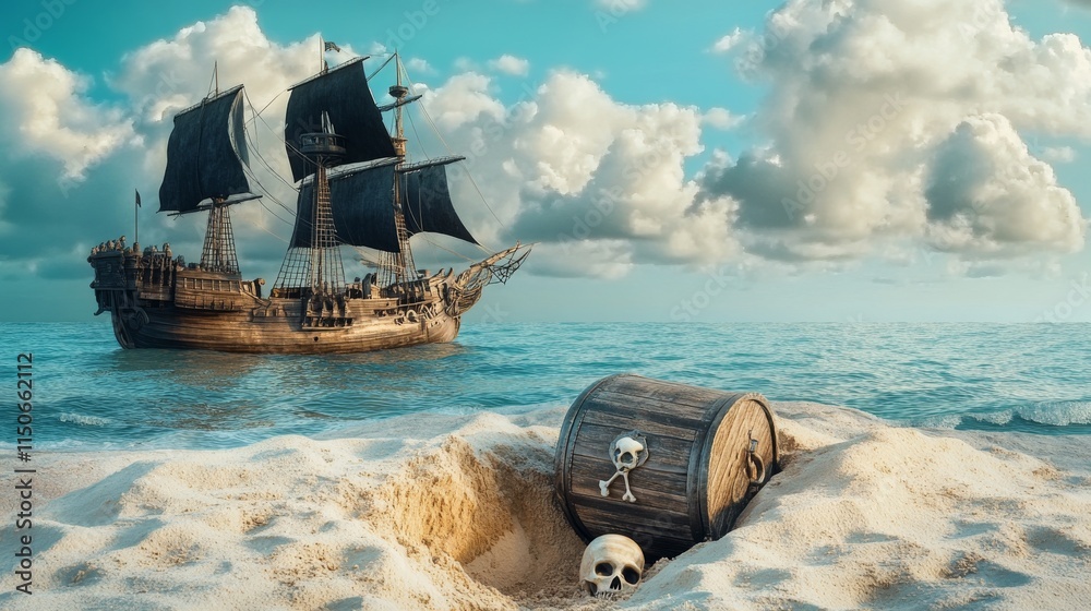 Pirate buries treasure chest on island beach. Vector cartoon ...