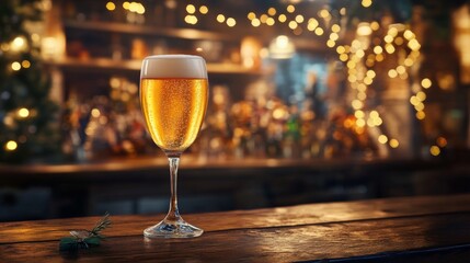 Poster - Sparkling Beer Glass on Wooden Table with Blurred Bar Background