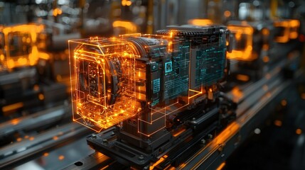 Poster - A futuristic device with glowing circuitry, showcasing advanced technology in a manufacturing setting.