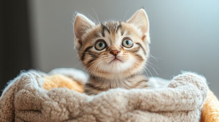 Poster - Adorable Tabby Kitten with Blue Eyes Snuggled in a Cozy Blanket