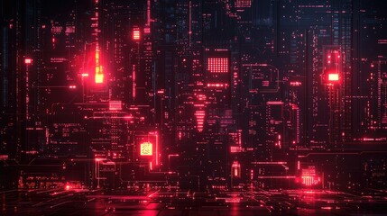 Poster - A futuristic digital landscape with glowing red circuitry and data patterns.
