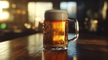 Poster - Glass Mug of Golden Beer with Foam on Wooden Table in Bar Atmosphere