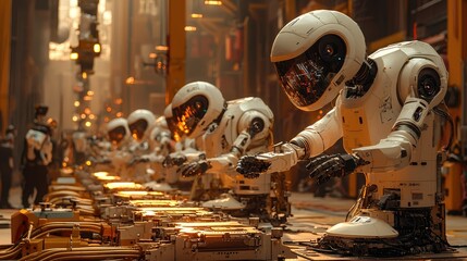 Poster - A futuristic factory scene with robots assembling technology in a high-tech environment.