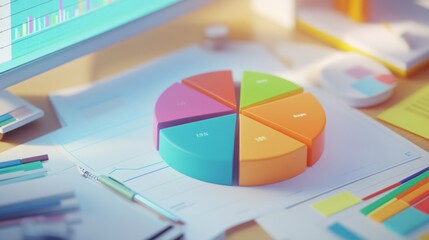 Leinwandbilder - Colorful Pie Chart on a Desk with Business Documents and Tools