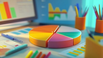Leinwandbilder - Colorful Pie Chart on Desk Surrounded by Office Supplies and Data
